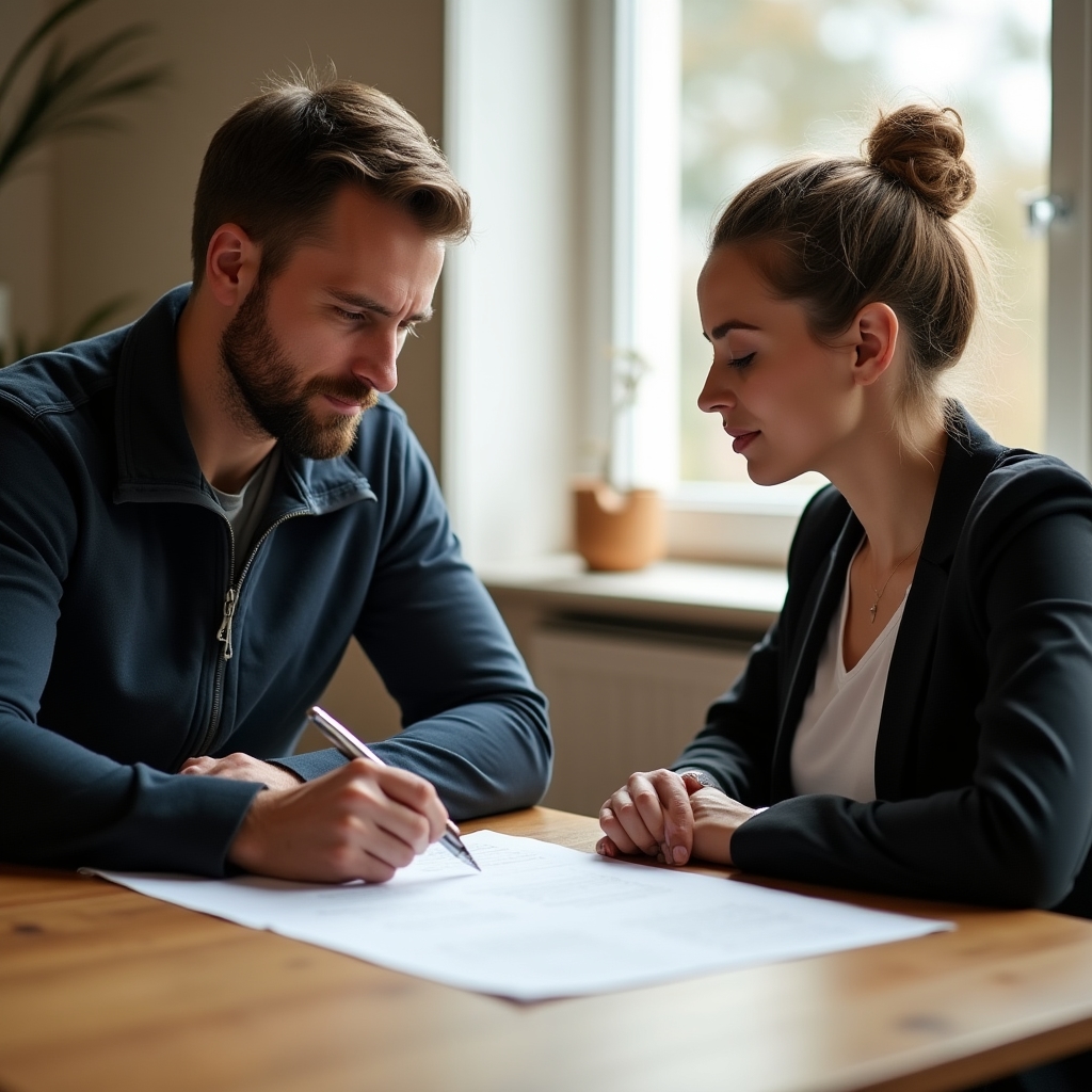 Handwerker und Kunde besprechen gemeinsam ein Angebot am Tisch