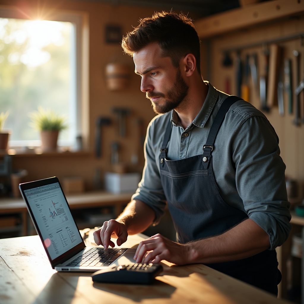 Handwerker berechnet am Laptop in der Werkstatt seinen Stundensatz