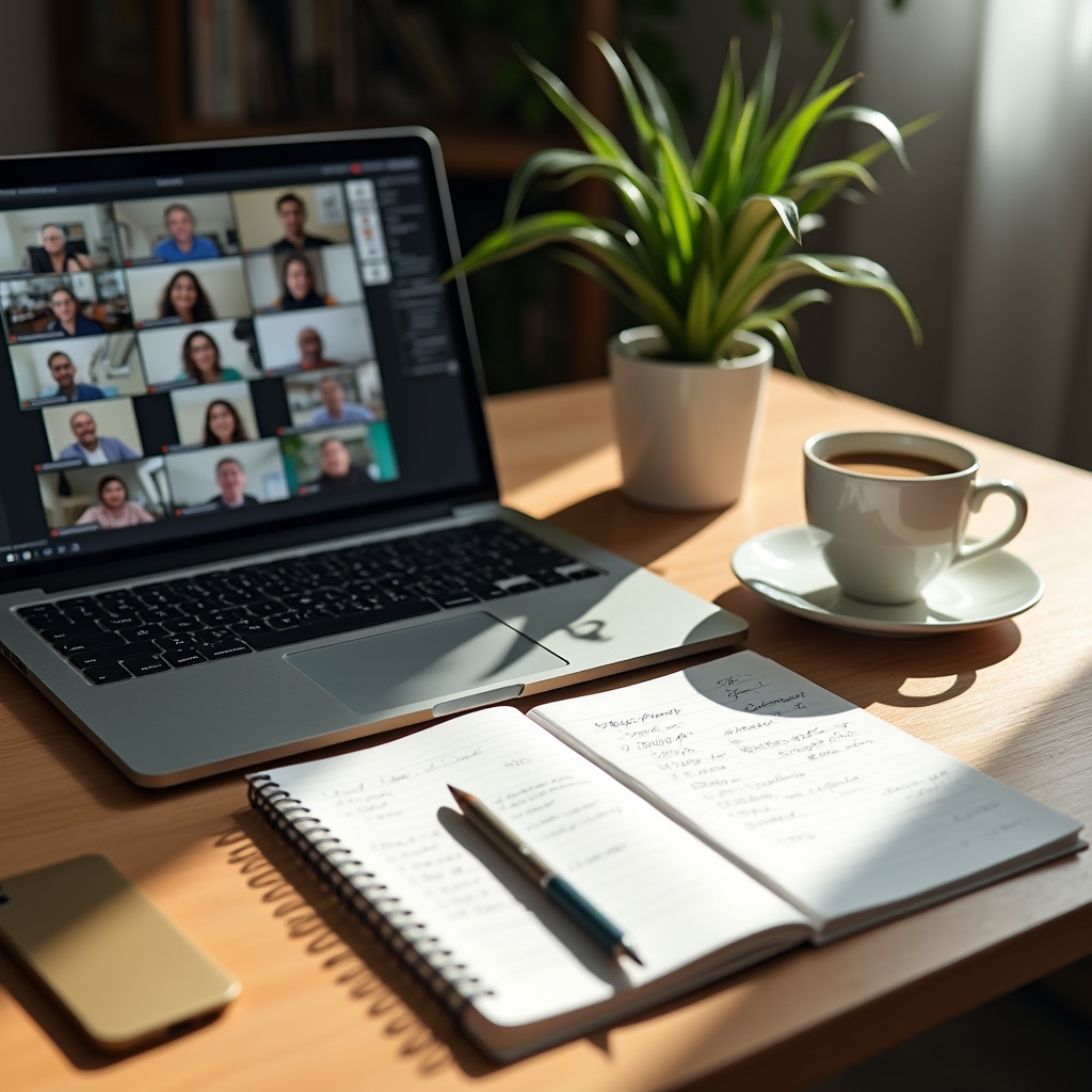Aufgeräumter Schreibtisch mit Laptop, Notizblock und Kaffeetasse für den Online-Kurs