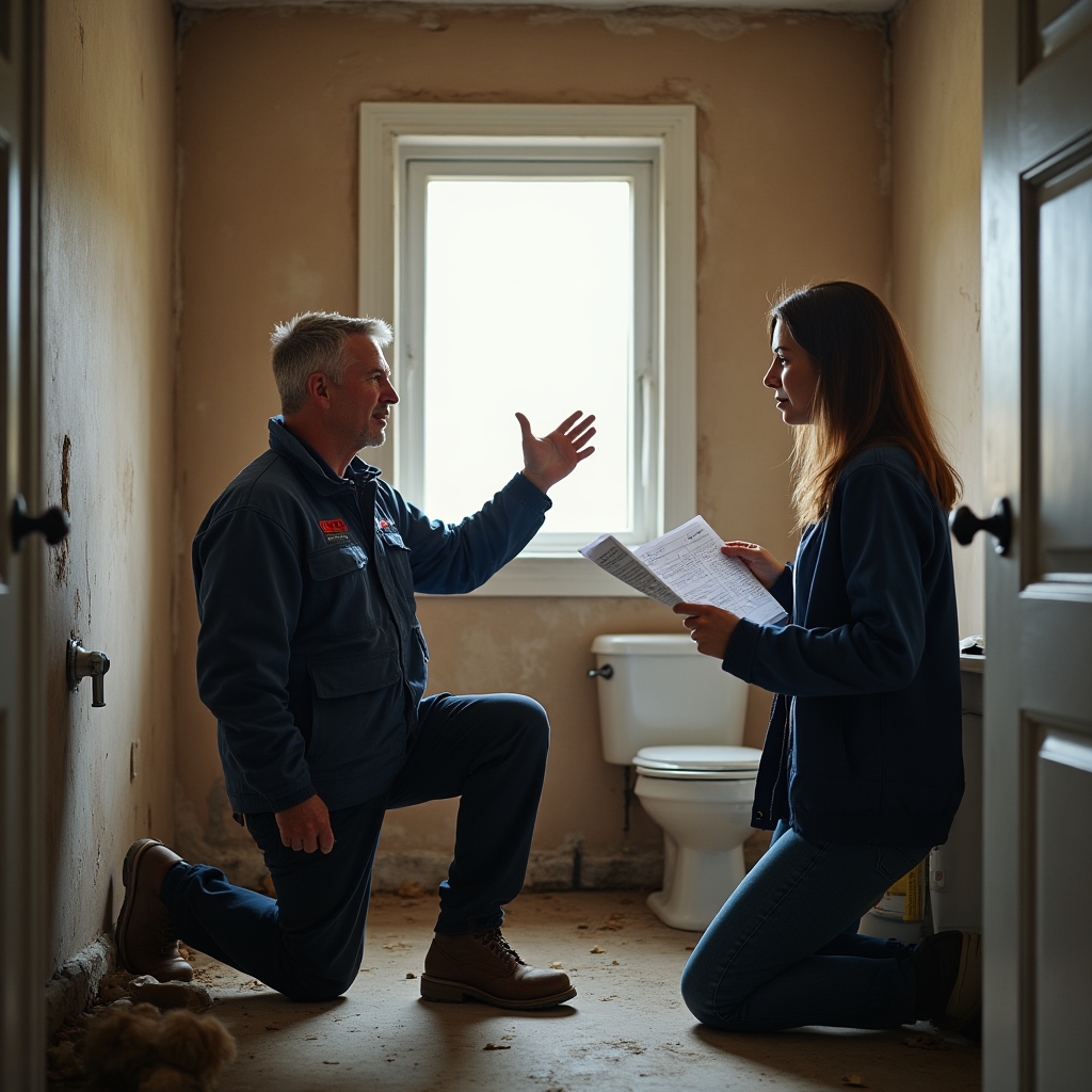 Sanitärinstallateur bespricht ein Angebot mit einer Kundin vor Ort