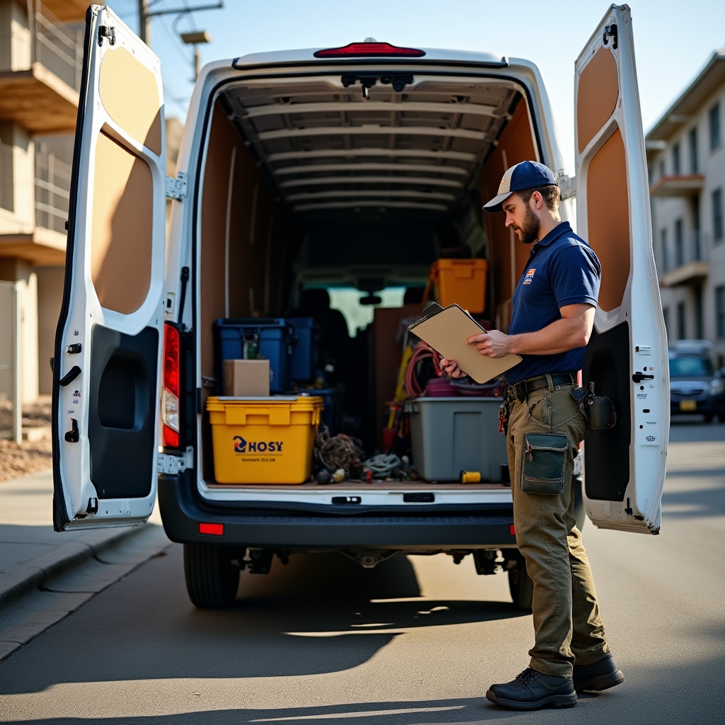 Werkzeugkoffer und Firmenfahrzeug vor einer Baustelle